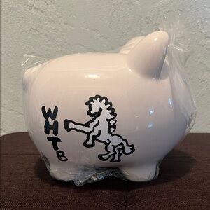 White Ceramic Piggy Bank w/ Black ink WHT Horse Logo Design by Julie Lee